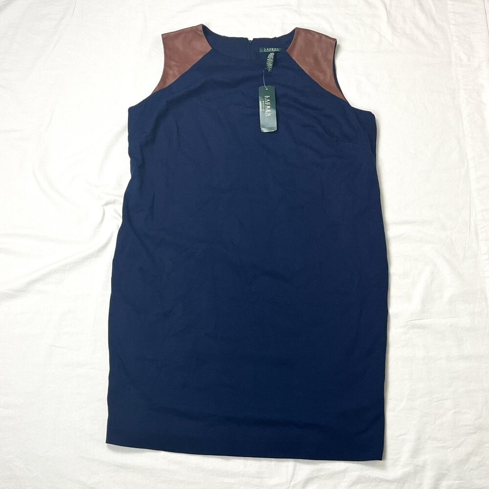 NWT Lauren Ralph Lauren Plus Size 18W Capri Navy Blue Sheath Dress Brown Leather